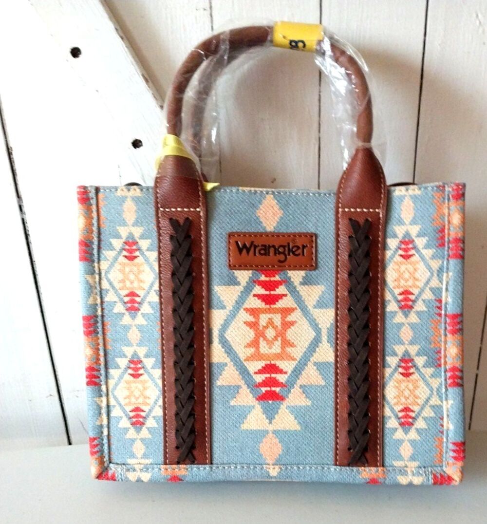 NWT New Wrangler Blue Southwestern Cross Body Leather Canvas Mini Tote Purse
